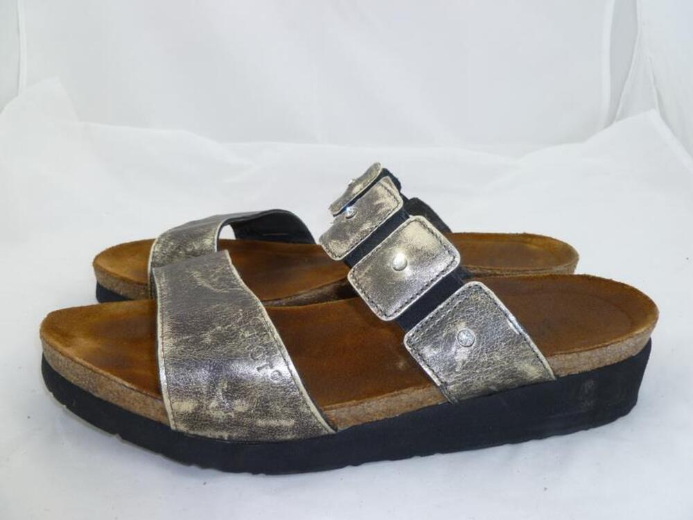 NAOT ASHLEY 40/9 USED METALLIC LEATHER/RHINESTONE COMFORT SLIDE/WEDGES/FLIP FLOP